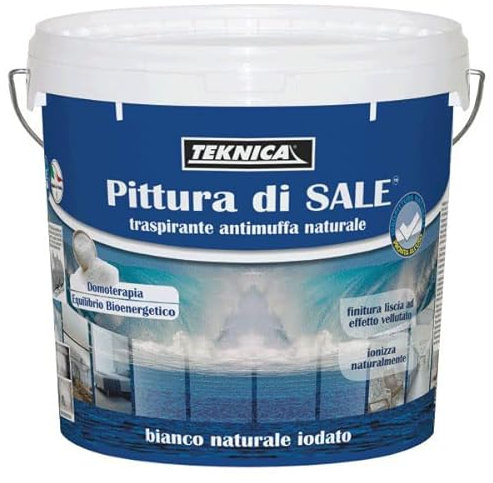 Colorchimica Pittura di sale vernice traspirante bianca acrilica antimuffa naturale ideale,pareti soffitti ad alta copertura liscia con micro cristalli di salgemma (2,5LT)