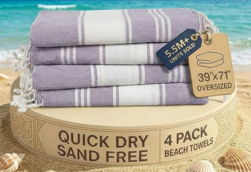 LANE LINEN Beach Towels 4 Pack Oversized - Cotton Rich Turkish Towel Set, Pre-Washed Oversized Beach Towel, Quick Dry Beach Towels For Travel, Large Pool Towels, 39x71 - Day Break