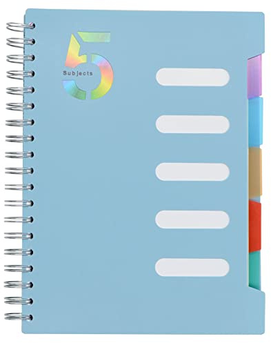 5 Subject Notebook, 1 Pcs Light Blue 10 Inch x 7 Inch B5 Spiral Notebook With Waterproof Plastic Softcover, 300 Pages 80 Gsm College Ruled Papers With 5 Sheets Colorful Movable Dividers (Light Blue)