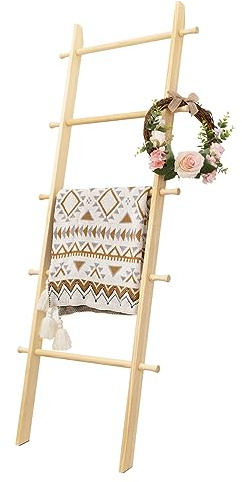 HYBDAMAI 5-Tier Blanket Ladder – 4.8 Ft Wall Leaning Quilt Rack, Farmhouse Blanket Storage for Living Room, Bedroom & Bathroom – Rustic Decorative Wooden Towel & Quilt Holder, Easy to Assemble