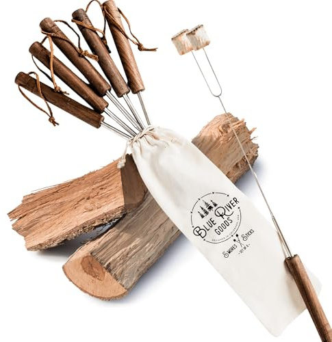 Blue River Goods Smores Sticks | Set of 6 Marshmallow Roasting Sticks | Extendable Stainless Steel w/Walnut Handles | Smore Sticks for Marshmallow Sticks for Fire Pit | Smore Sticks for Fire Pit