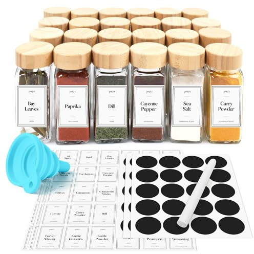Joejis Spice Jars with Lids and Labels - 24 Pieces 120ml Glass Containers Set - Bamboo Lid - Ultimate Kitchen Storage Solution for Spices and Herbs