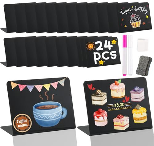 DONQL Lot de 24 Mini Tableau Noir avec Support, Plastique Tableau Ardoise de 10 x 7.5 cm, Petits Tableaux Noirs, Étiquettes de Prix pour Affichage, Étiquettes Alimentaire pour Buffet avec Stylos Gomme