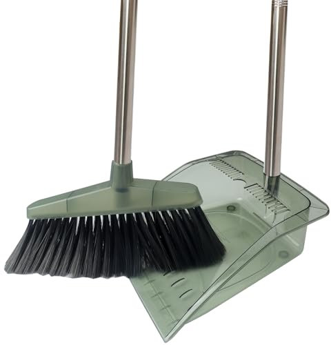YGNNBC Juego de escoba vertical transparente, juego de recogedor de escoba ligero, cepillos suaves y gruesos, para casa, oficina, al aire libre, limpieza de suelo (verde)