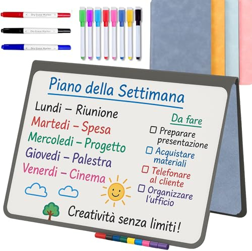 MandA® PIZARRA BLANCA pequeña | CUADERNO Pizarra PLEGABLE, BORRABLE y PORTÁTIL | Pizarra MAGNÉTICA | 2 x A5 + 11 Rotuladores + Borrador - Cuaderno de pizarra | INFANTIL| OFICINA | ESTUDIAR | Gris.