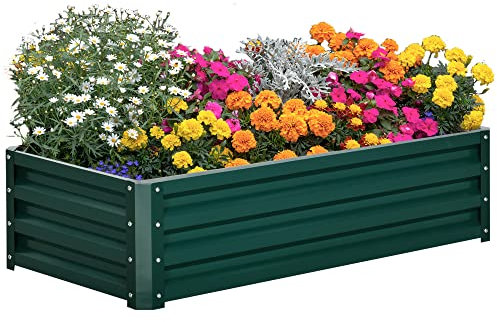 Outsunny Letto per Orto Rialzato da Esterno 182L, Fioriera da Balcone in Acciaio Galvanizzato con Fondo Aperto, per Piante, Fiori e Verdure, 120x60x30.5cm, Verde