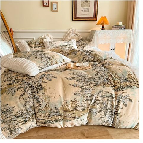 Weiches, doppelseitiges, gemütliches Samt-Fleece-Bettwäsche-Set im V-intage-Stil, Compatible with den Winter, Rüschen, Falten, Bettbezug-Set, Bettlaken und Kissenbezug, Bedding Set Cotton