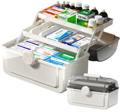 QIGEEKU Medikamenten Aufbewahrung, Hausapotheke Box, 3 Ebene Medizinbox, Große Kapazität Apothekenbox, Multifunktionaler Aufbewahrungsbox