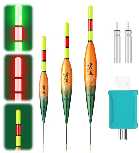 LED Angelposen Set mit Ladegerät und Akku, 10g/20g/30g, Intelligente Posen Angeln mit Schwerkraftsensor und Metallbasis, Angelzubehör für See, Fluss oder Teich, LED Pose für Nachtangeln