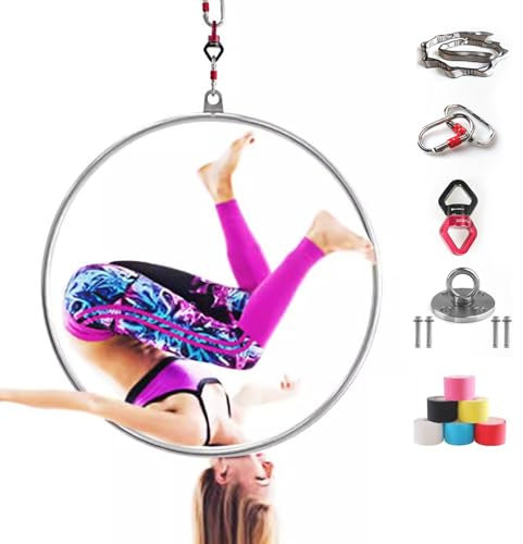 ROGHA Aerial Hoop Set, Professional Aerial Lyra Hoop, 85cm/95cm Edelstahl Single Point Aerial Ring Equipment mit kompletter Rigging Hardware, Aerial Yoga Hoop Sling für Zuhause,90cm-3.2cm