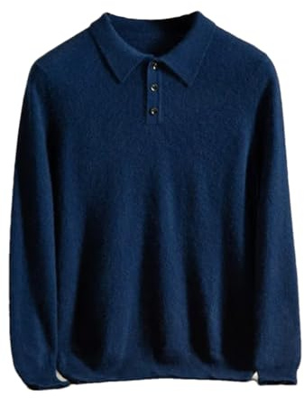 Maglioni da uomo in cashmere tinta unita a manica lunga con colletto polo casual lavorati a maglia pullover caldi top, blu navy, XXL