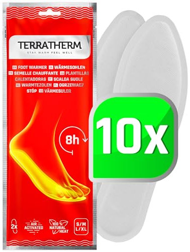 TerraTherm Wärmesohlen für Schuhe - Sohlenwärmer 5, 10 oder 30 Paar - für 8h warme Füße - luftaktiviert und rein natürlich - Fußwärmer Sohlen als auch Wärmeeinlagen - 10 Paar S