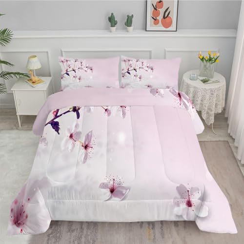 FamHarbor Täcke 200 x 200 rosa, blommigt tryckt täcke för 2 personer, varmt ljus 4 säsonger, tvättbart mjukt vändbart täcke utan överdrag, dammkvalster täcke med 2 örngott