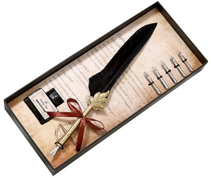 ZJchao Federstift, Federstift und Tinte Set Quill Stift Vintage Schwarzer und Tinte Set Feder Dip Stift, Kalligraphie - - für Handschriftliebhaber, Geburtstagsgeschenk (BLACK)