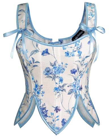 SCARLET DARKNESS Haut corset victorien pour femme Fairycore avec fermeture éclair corsage médiéval fleurs bleues 46