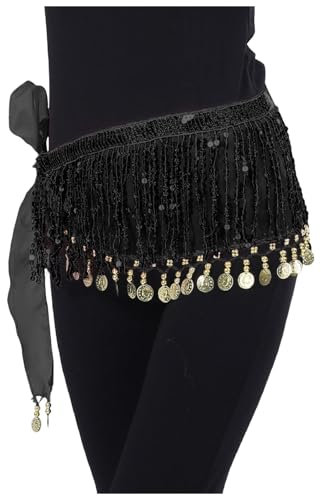 Frauen Bauchtanz Hüfttuch Quaste Hüfttuch Outfits Rock Hüfttuch Für Bauchtanz Tanz Hip Belt Tanz Rock Wickelrock Quastengürtel Tanztuch mit Münzen für Bauchtanz Fransenrock Karneval (Black, One Size)