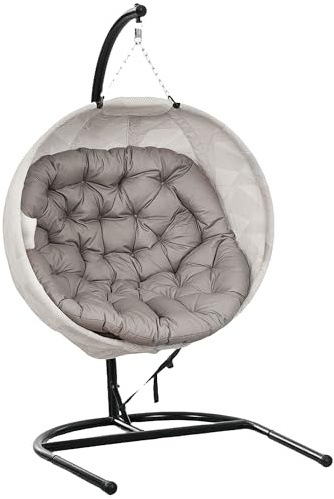 Outsunny Hanging Egg Chair Outdoor Indoor Garden Swing Chair with Folding Basket, Garden Hanging Chair with Stand, Thickened Cushion, Cup Holder for Patio, Balcony, Sand Brown