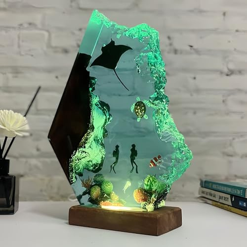 Drawelry 3D Epoxidharz Ozeanfigur Ornamente mit Holzsockel, LED Buntes Nachtlicht, Harz Ozean Tier Statue Hai Wale Pinguin Oktopus Figuren Skulptur Kunsthandwerk Mini Meere Aquarium Dekoration (B8, M)