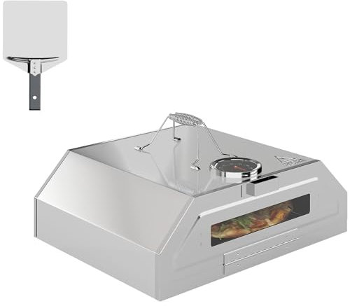 Outsunny 8 in Portable Stainless Steel BBQ Grill Top Pizza Oven with Built-in Thermometer and Viewing Window for Gas and Charcoal BBQ Grills, Includes Carry Handles, Pizza Stone and Peel, Silver Tone