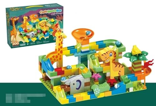 MOONTOY Dinosaur Marble Run Building Blocks, 200PC Large Interactive Construction Ball Tracks Building Set for Kids 3+, STEM Building Toys for 3 Year Olds, Birthday Gifts for Toddlers Age 3 4 5 6 7 8