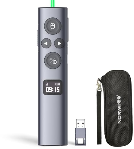 Norwii N95s BLE Clicker de presentación con Puntero Digital para presentación de PowerPoint en Pantalla de TV y Pantalla de proyección, Control Remoto inalámbrico con Temporizador de Cuenta