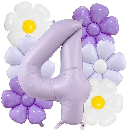 DIWULI Globos Flores 4 Años - Número Cumpleaños Lila