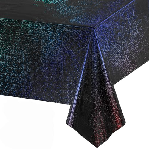 Party Tischdecke Schwarz Glitzer - Geburtstag Tischdecken Foil Wasserabweisend Einweg Deko für Stranger Geburtstag New Year Silvester Grusel Halloween Hexen Gespenster Neujahr Party