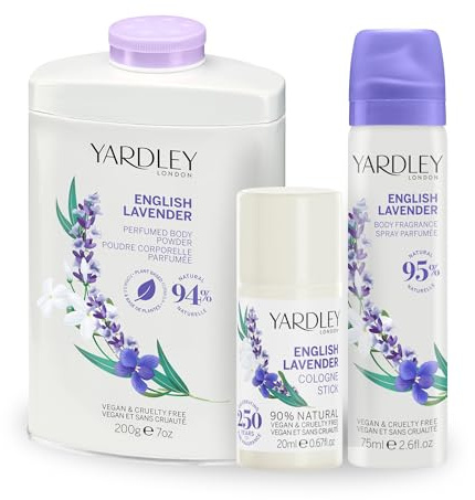 Set Yardley London English Lavender con Body Spray de 75 ml, Polvo Corporal Perfumado de 200 g y Barra de Colonia Sólida de 20 ml para Mujeres, con Notas de Bergamota y Salvia