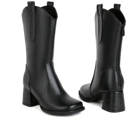 KUHAOFEU Botas De Cowgirl Media Pantorrilla para Mujer Punta Cuadrada Tacón Grueso Botas Largas Western,Negro,41 EU