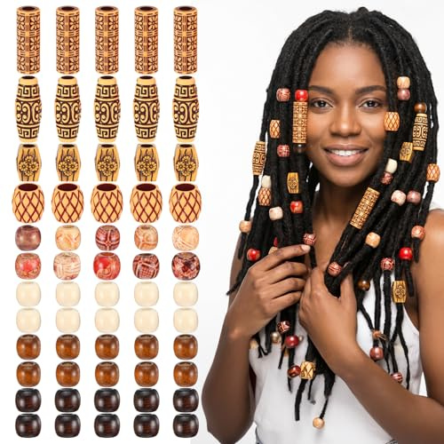 60Pcs Dread Wooden Beads for Dreadlocks, Ymapinc Hair Beads for Braids | Large Wooden Braid Bead, Dreadlock Accessories, Hair Jewellery Charms Beard Bead for DIY Hairstyling