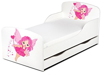 Leomark modern vit barnsäng i trä med låda och 140/70 cm madrass, barnkammare möbler, säng med låda för sängkläder, funktionell enkelsäng med ribbotten, rosa älva UV-tryck