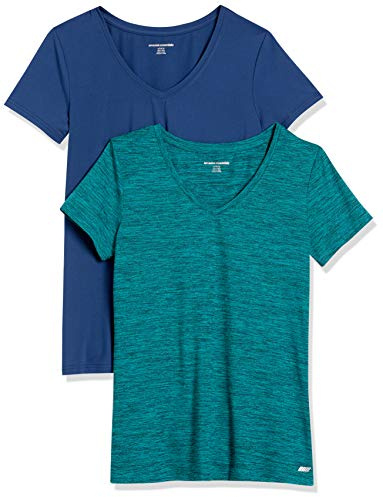 Amazon Essentials Women's 2-Pack Tech Stretch Short-Sleeve V-Neck T-Shirt, Teal Spacedye/Navy, X-Large