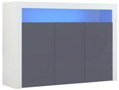 Panana High Gloss 3 Door Sideboard Cupboard with LED Lights Large Display Cabinet Storage Unit for Living Room Bedroom (Grey)