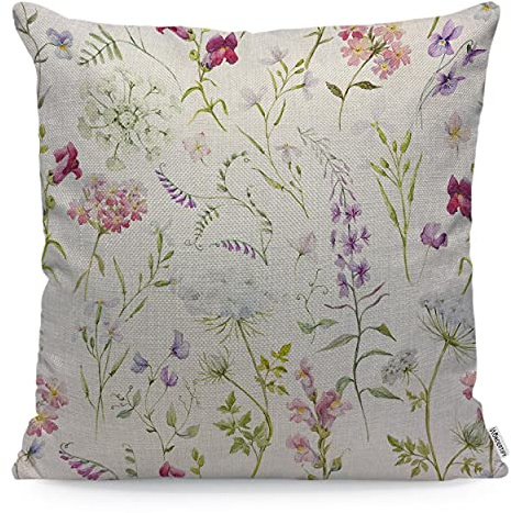 WONDERTIFY Purple Green Flower Cushion Cover Watercolor Floral Delicate Wildflowers Pink Tansy Pansies Delphinium Pillowcases for Men Women, Pillow Cover Living Room Farmhouse 45X45 Cm