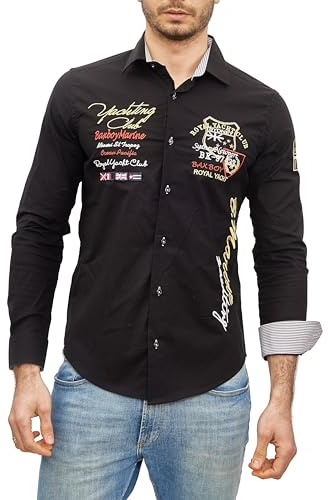 Subliminal Mode - Camisa para hombre, bordada, moderna y de moda, cuello Kent, manga larga, a rayas, ajuste slim, BX508, Negro , M