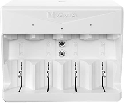 VARTA Akku Ladegerät, Batterieladegerät für wiederaufladbare Batterien, lädt 2 oder 4 AA, AAA, C, D oder 1x 9V gleichzeitig, Universal Charger, mit Sicherheitsabschaltung, unbestückt