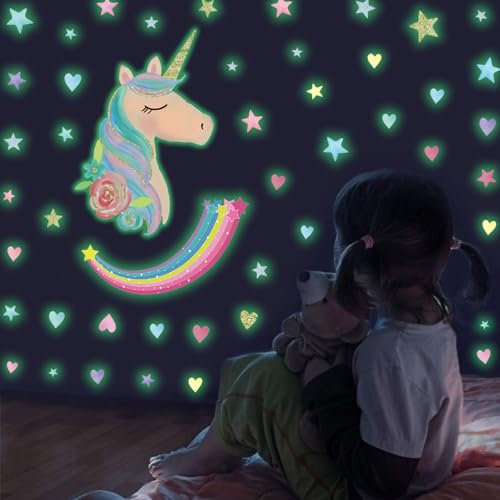 Licorne Lumineuse Stickers Mural, Fluorescente Arc en Ciel Wall Stickers Autocollant, Lumineux Stickers Étoile, Enfant Phosphorescentes Stickers Muraux, Décoration Plafond des Chambre des Fille/Garçon