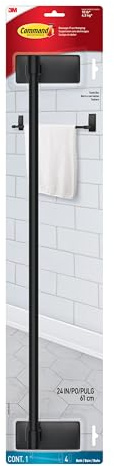Command Bath Matte Black Towel Bar with Water Resistant Command Strips, Bathroom Organizer, 24 in Bar Length Holds up to 10 lbs