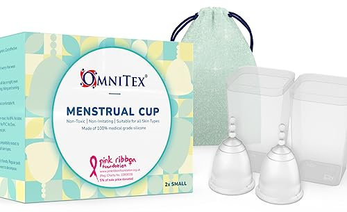 2pk Omnitex Menstrual Cups for Breast Cancer | 100% Pure Medical Grade Silicone | Safe Eco-Friendly Tampon & Pad Alternative | Non-Toxic ISO10993 Tested | BPA & Latex-Free, Pack of 2X Small Cups