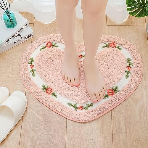 powerking Beautiful Floral Area Rugs for Living Room Bedroom, Ultra Soft Bathroom Rugs Comfy Mat Non Slip Modern Door Mat Floor Mat for Home Kitchen Indoor Entryway 50 x 60 CM (Heart, Pink)