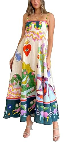 YILEEGOO Maxi abito lungo da donna in cotone e lino con spalline sottili, stampa serpente etnico, estivo, casual, senza maniche, maxi abito a canotta, Beige e rosa., S