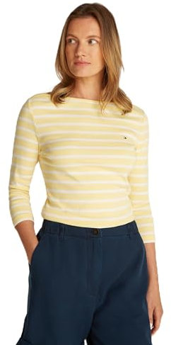 Tommy Hilfiger Damen Langarmshirt Slim U-Boot-Ausschnitt, Mehrfarbig (Citronella/Ecru STP), S