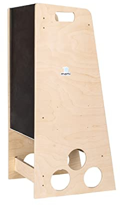 mamikids Learning Tower Montessorianskt torn i naturligt trä med tavla för barn 2–6 år, Montessorianskt lärande torn, omvandlingsbar i trappa, bord, barnpall, tillverkad i Italien
