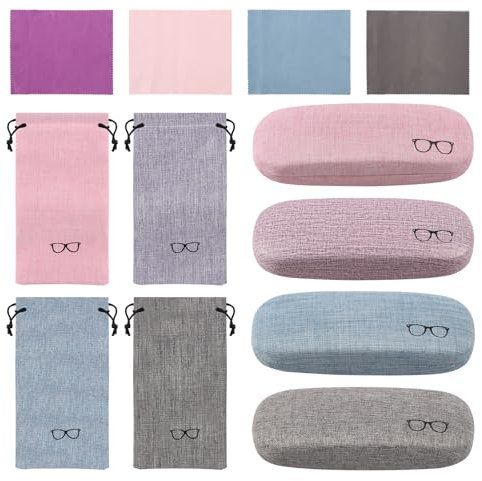 4 Stück Leinen Retro Brillenetui, Modische Hardcase Brillenetu, Tragbare Harte Brillenetui, Hartschalen Brillenetu Box mit Brillenputztuch Brillentasche, Brillen Etui für Sonnenbrillen Damen Herren