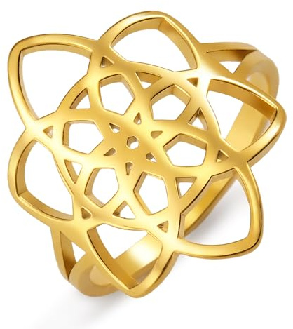 kkjoy Bague Fleur de Vie en Acier Inoxydable Bague Fleur de Nœud Celtique Bijoux de Promesse pour Femmes Charmantes Dames (Or, Diamètre 21mm)