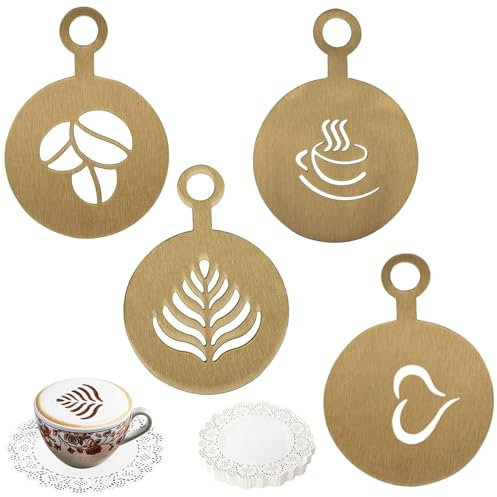 GYHWOFUL Lot de 4 pochoirs à cappuccino avec dessous de verre - Accessoires de café en acier inoxydable pour saupoudrer de cacao, cadeau pour cappuccino, chocolat chaud, gâteaux et desserts