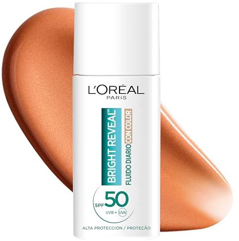L'Oréal Paris Bright Reveal Fluido Hidratante Anti-manchas con Filtro UV SPF 50+, Para Todo Tipo de Piel, Protección y Reducción de Manchas, Con Niacinamida y Vitamina E, Tono Medio, 50 ml
