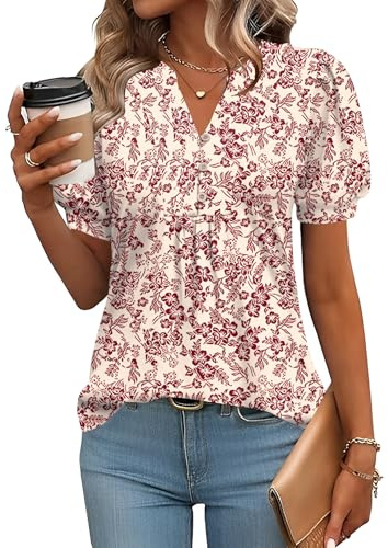 Rapbin Femmes V- Encolure Fleurs Plis Chemisier Hauts Tunique Tops décontracté Longshirt décontracté t-Shirt Manches Longues Chemise Rouge-lumière L