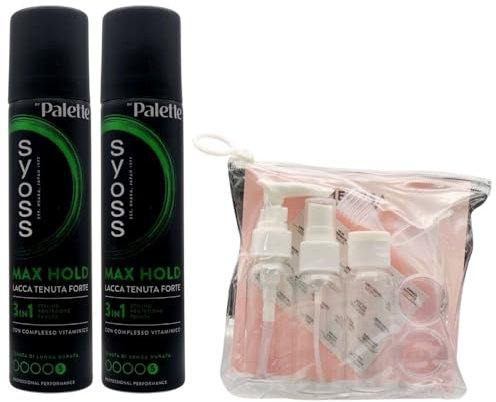 Lacca Tenuta Forte Max Hold con Complesso Vitaminico che Rinforza la Struttura del Capello, 3in1 Styling, Protezione, Tenuta 75ml + Kit Bottiglie da Viaggio (2 Spray + Kit Bottiglie da Viaggio)