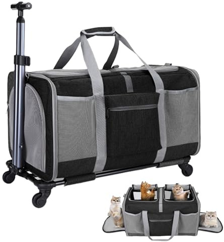 Transportin Gato - Bolsa Transporte Transpirable para Mascota, con Dos Compartimentos y Ruedas Desmontables, Portamascotas Plegable con Asa para Perro y Gato, 40x35x60cm